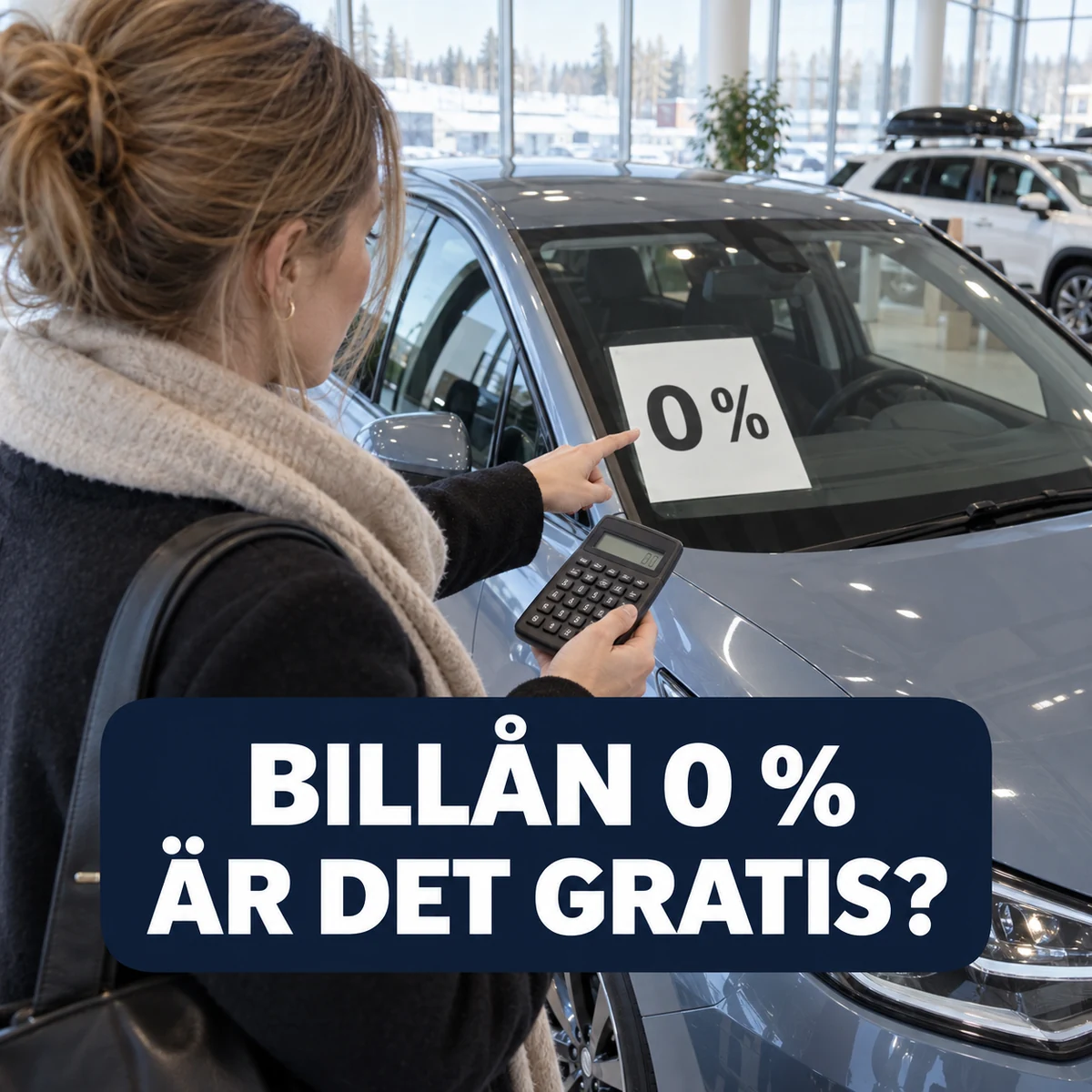 Kvinna i svensk bilhall granskar en skylt med 0 procent och räknar på erbjudandet med texten Billån 0 procent – är det gratis?