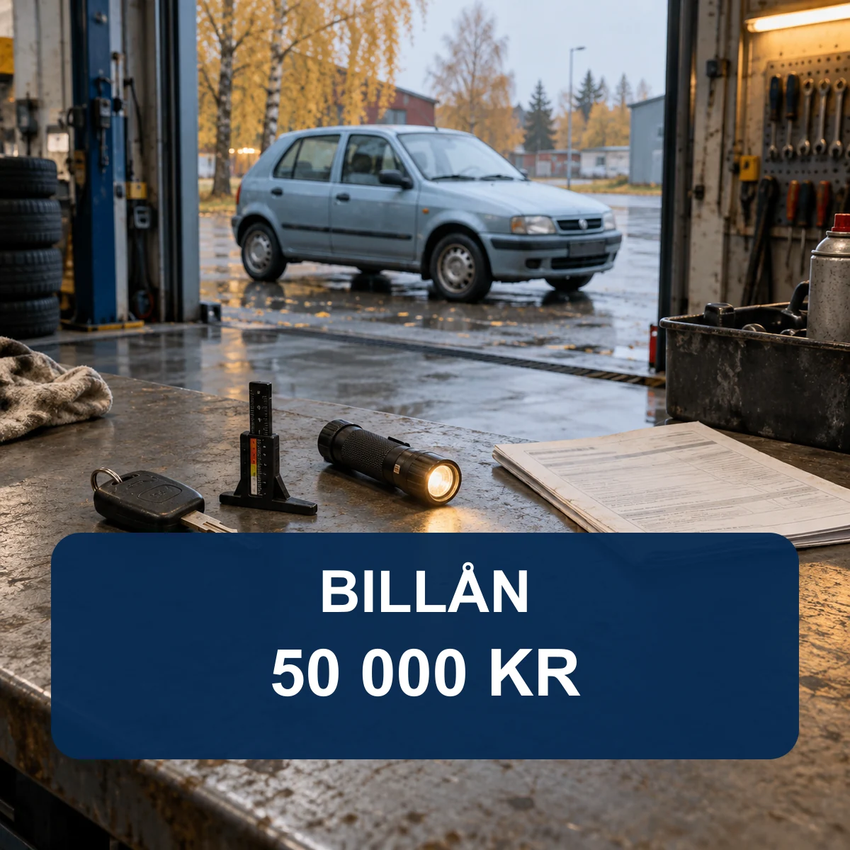 Äldre ljusblå småbil vid en svensk verkstad med bilnyckel, mönsterdjupsmätare och inspektionslampa samt texten Billån 50 000 kr
