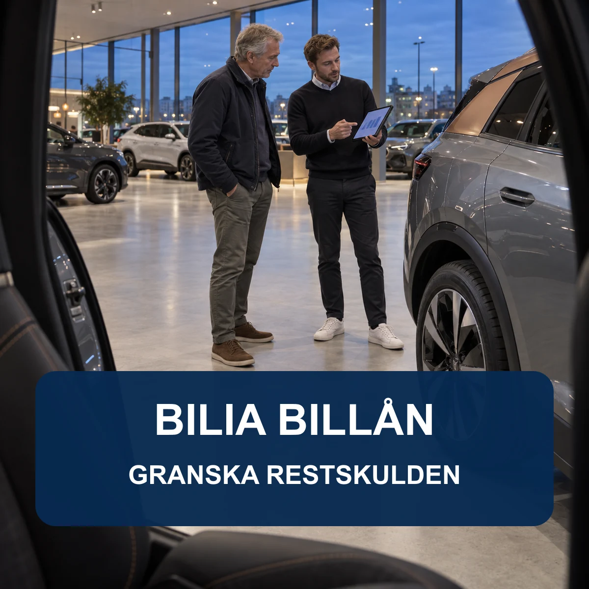 Två män jämför en digital finansieringskalkyl bredvid en bil i en svensk bilhall med texten Bilia billån – granska restskulden