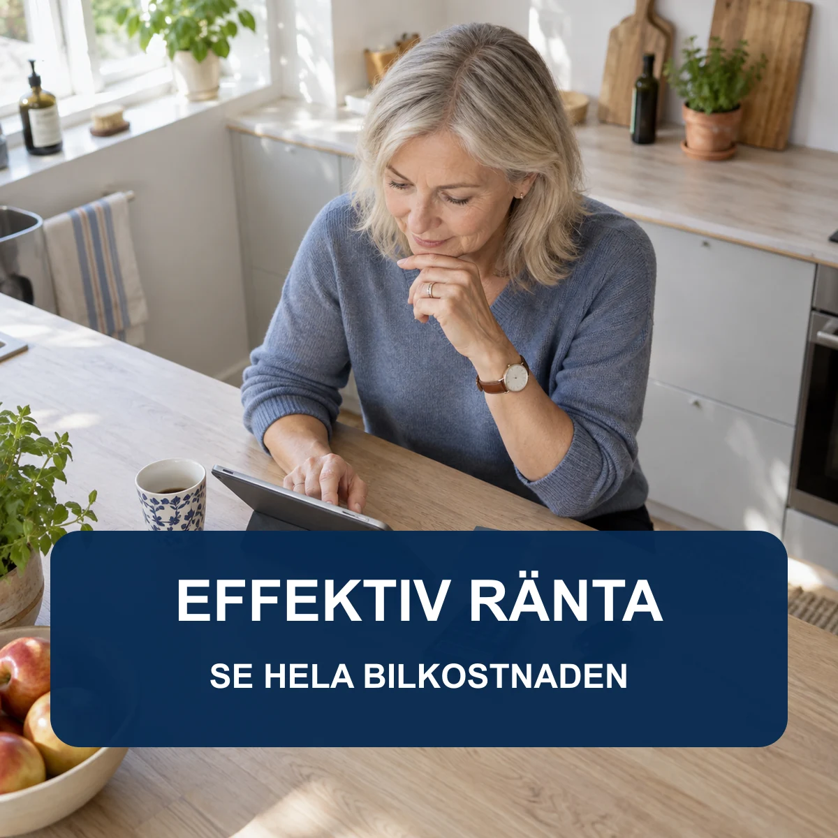 Äldre kvinna jämför två bilfinansieringar vid ett ljust köksbord med texten Effektiv ränta – se hela bilkostnaden