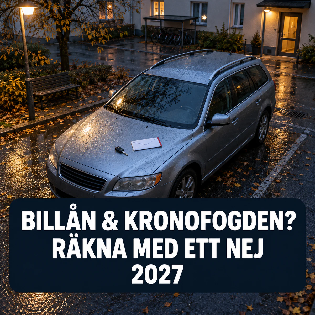 Regnvåt silverfärgad bil med bilnyckel och oöppnat kuvert på motorhuven samt text om billån och Kronofogden 2027