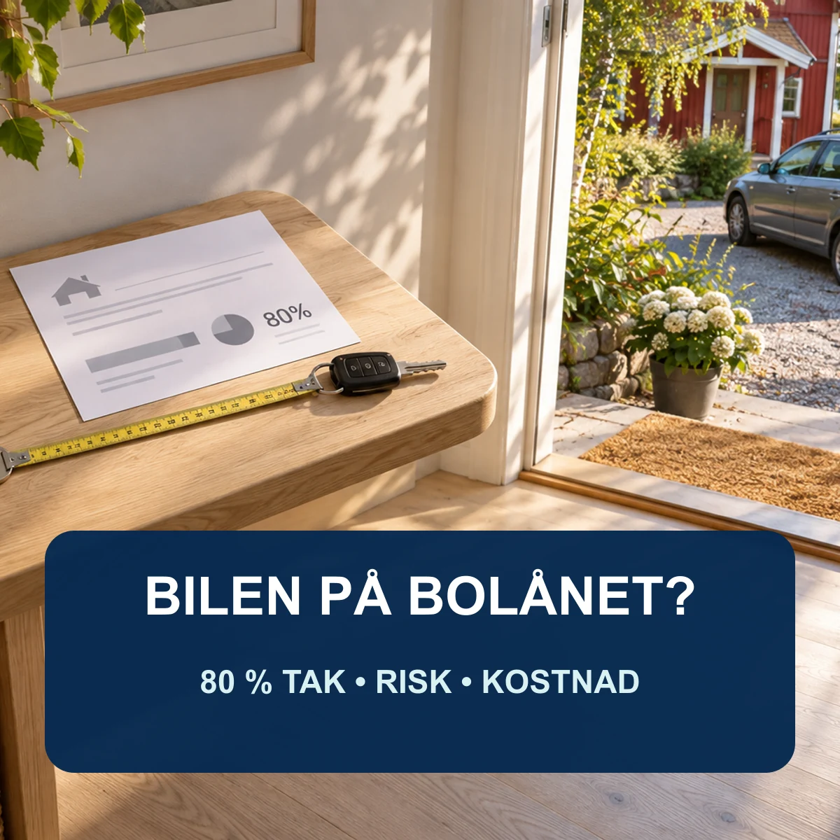 Husnyckel och bilnyckel förenade med ett måttband vid en svensk villa och kombibil med texten Bilen på bolånet – 80 procent tak, risk och kostnad