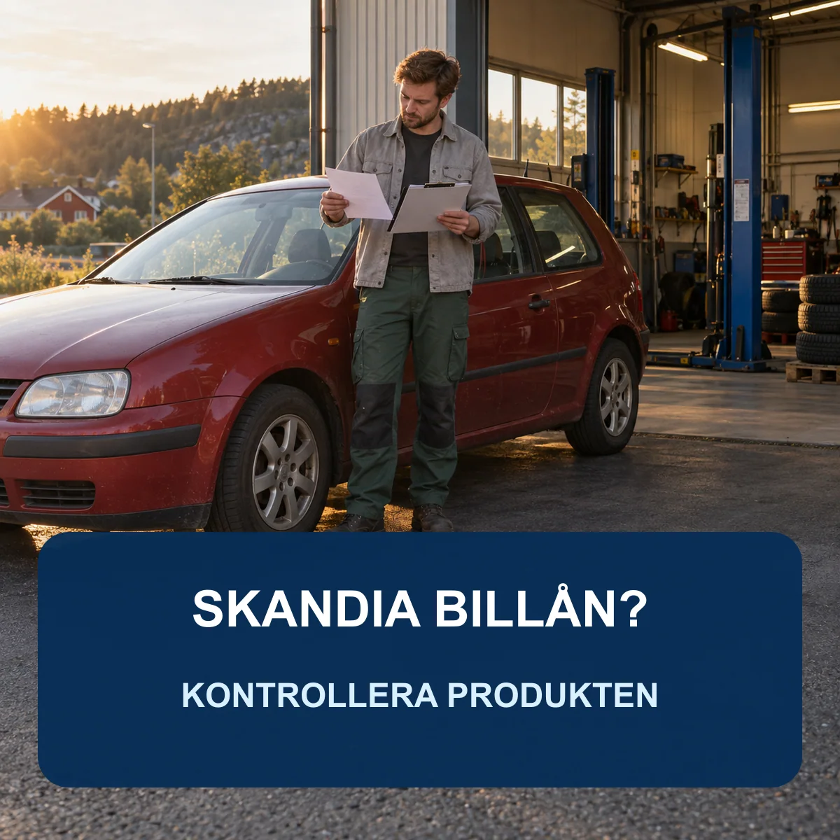 Ung svensk man jämför finansieringserbjudanden bredvid en begagnad bil vid en bilverkstad med texten Skandia billån – kontrollera produkten