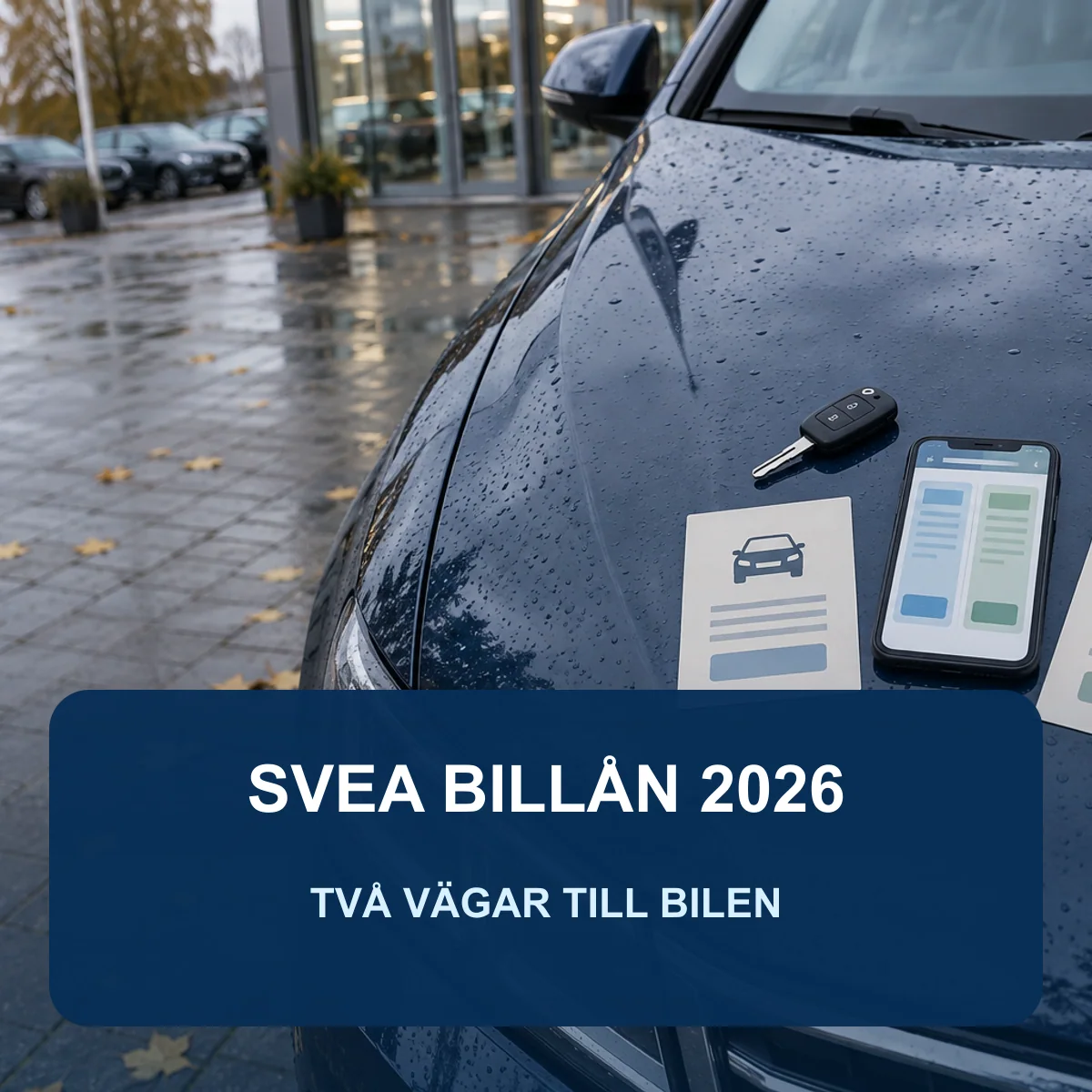 Bilnyckel, mobil och två finansieringsofferter på en regnvåt blå bil med texten Svea billån 2026 – två vägar till bilen