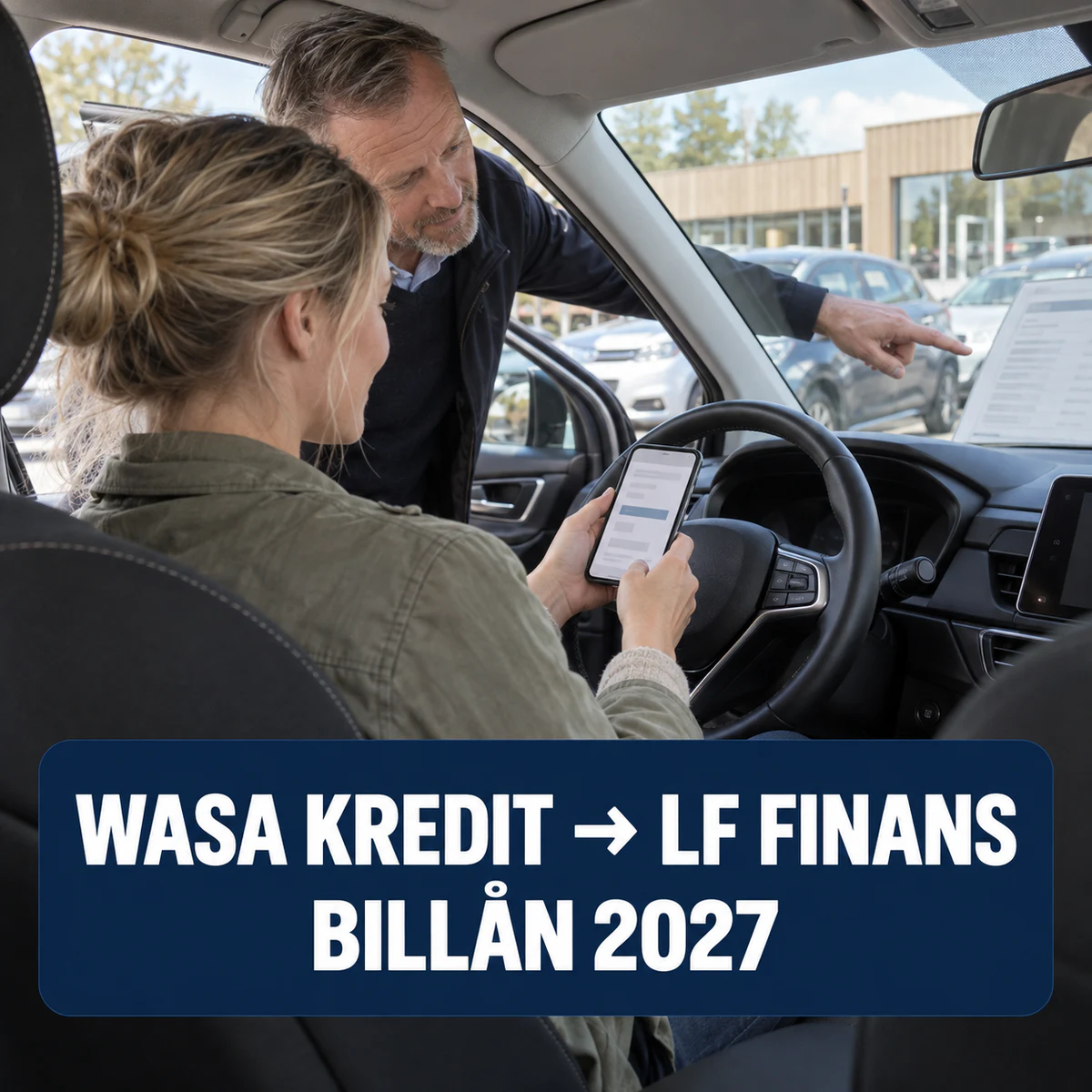 Kvinna jämför bilfinansiering i en bil medan en rådgivare visar fordonsuppgifter, med text om att Wasa Kredit nu heter LF Finans och billån 2027