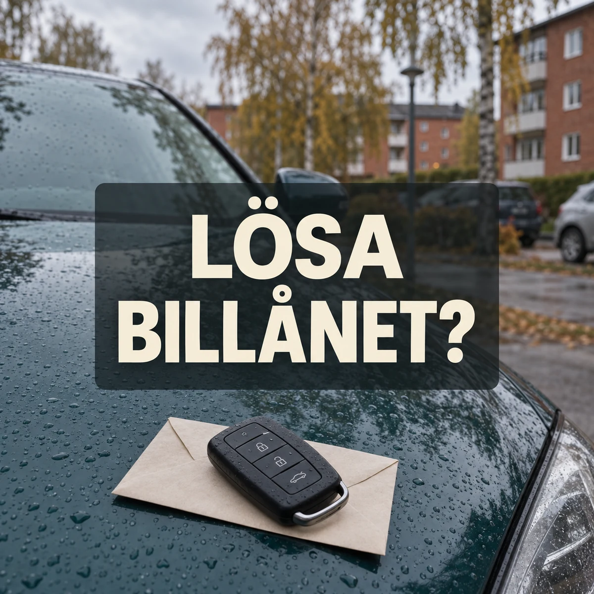 Bilnyckel på ett kuvert på en regnvåt blågrön bil i ett svenskt bostadsområde, med texten Lösa billånet?