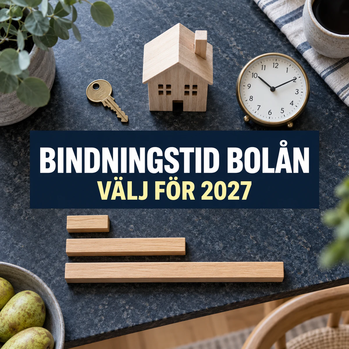 Husmodell, nyckel, klocka och tre tidslinjer med texten Bindningstid bolån – välj för 2027