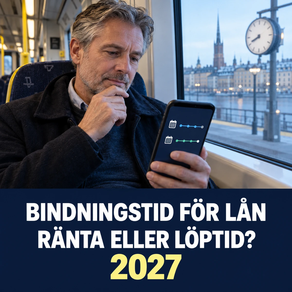 Man på pendeltåg jämför två tidslinjer i mobilen med texten Bindningstid för lån – ränta eller löptid 2027