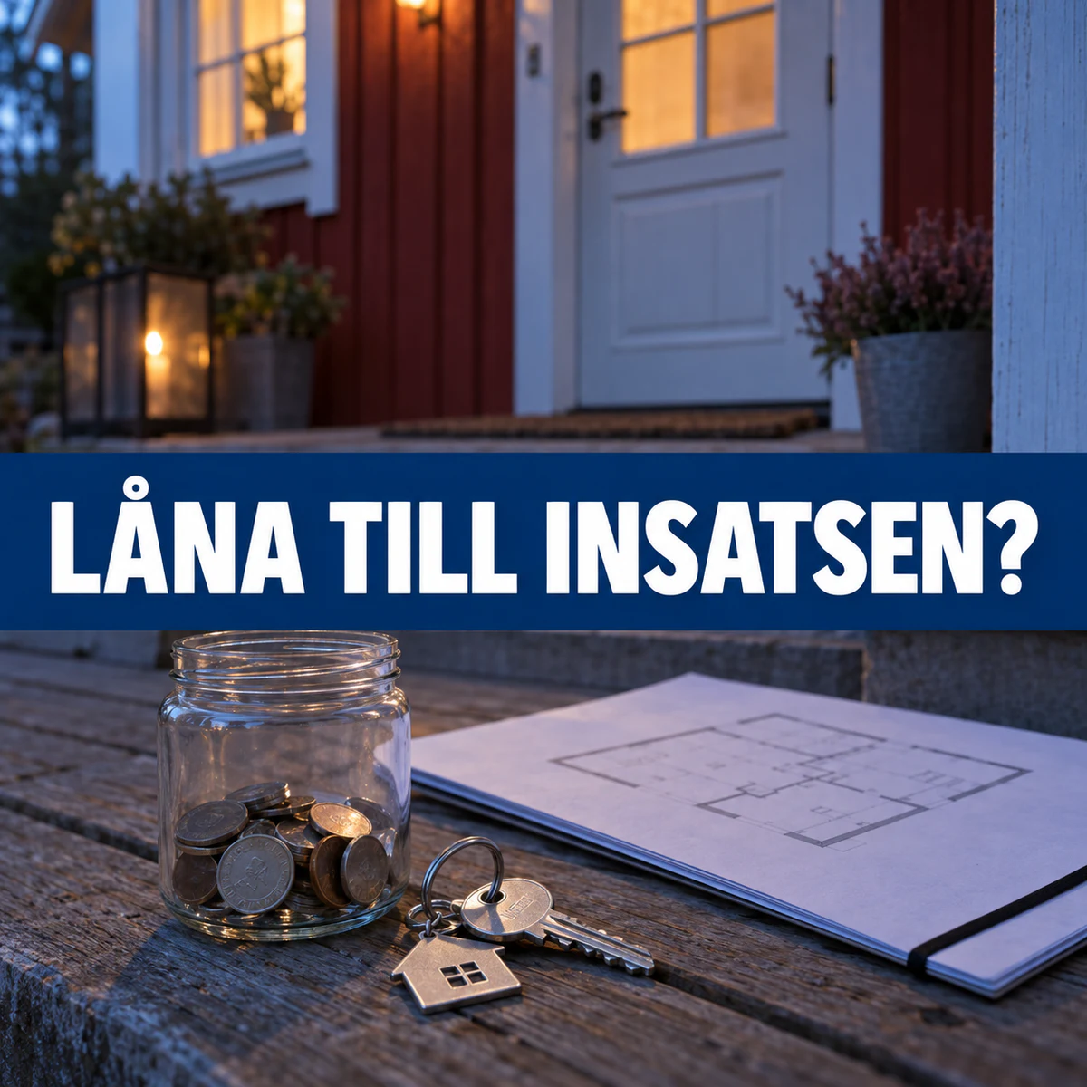 Sparburk med mynt, husnycklar och en planritning framför ett svenskt radhus i skymning med texten Låna till insatsen?