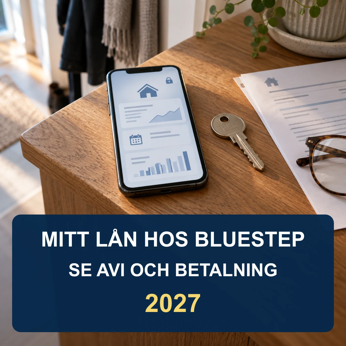 Mobil med en neutral bolåneöversikt, husnyckel och faktura på en hallmöbel med texten Mitt lån hos Bluestep, se avi och betalning 2027