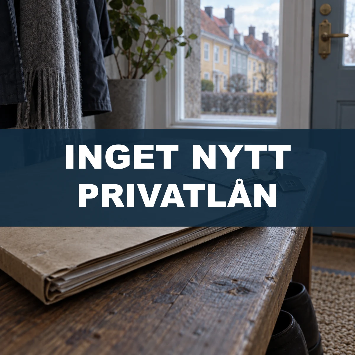 Stängd lånemapp och husnyckel i en svensk hall med den tydliga texten Inget nytt privatlån