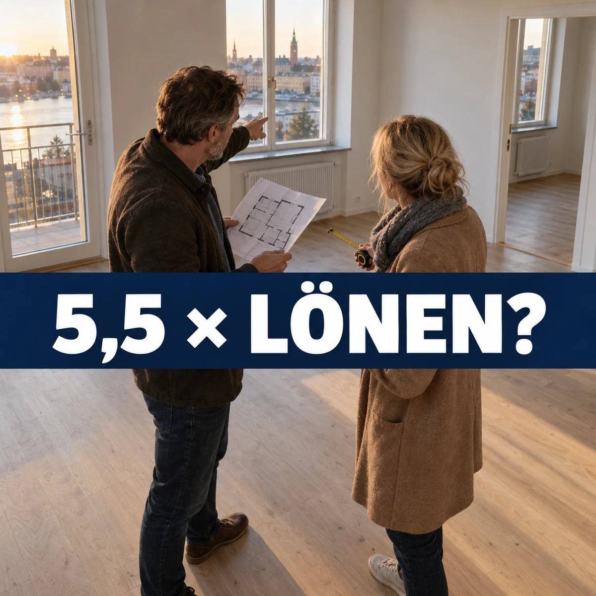 Par på visning i en tom svensk lägenhet jämför en planritning och måttband, med frågan 5,5 gånger lönen