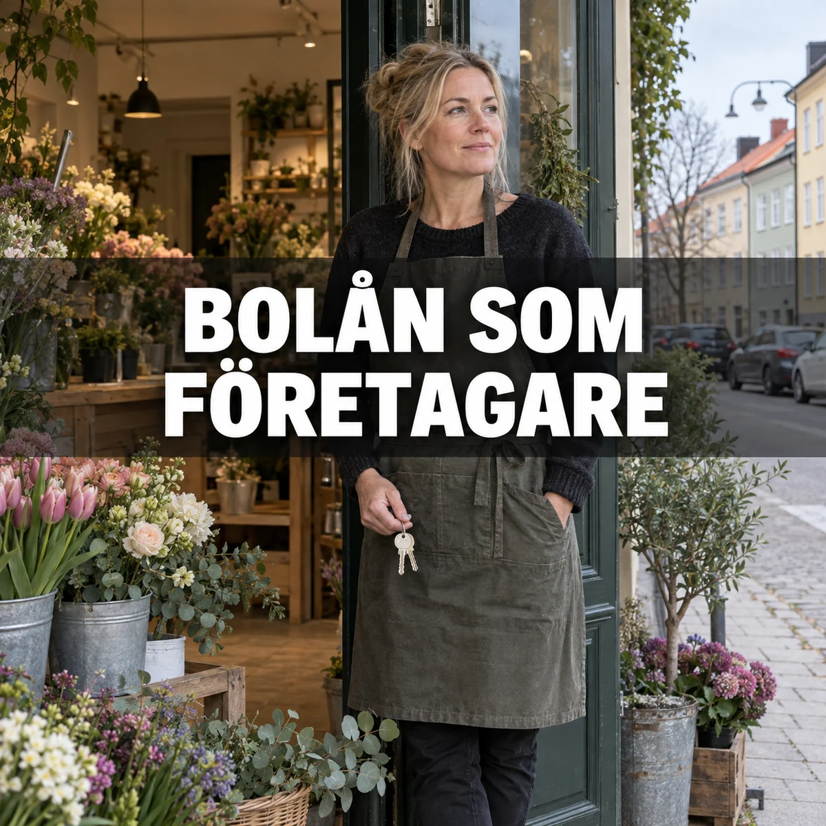 En egenföretagande florist står vid sin svenska butik med en husnyckel och bildtexten Bolån som företagare