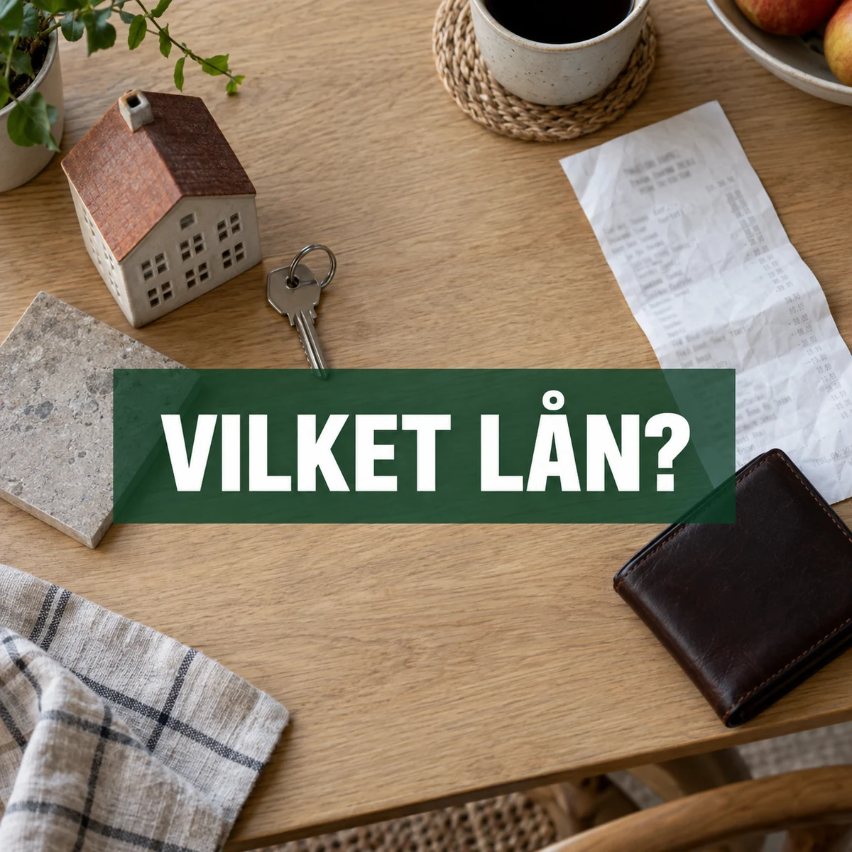 Husmodell och nyckel bredvid ett vardagskvitto och en plånbok på ett svenskt köksbord, med texten Vilket lån?