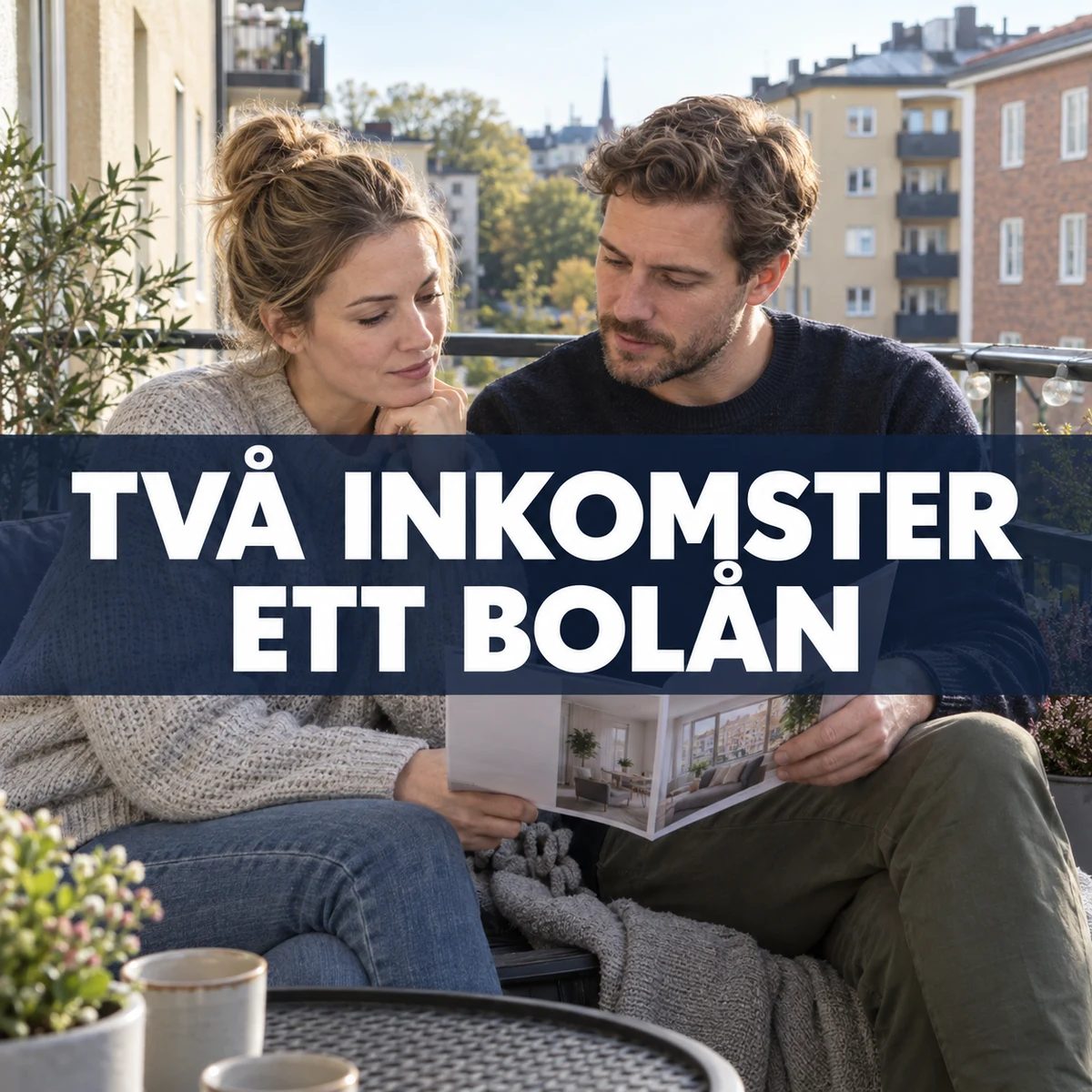 Ett par diskuterar en bostadsbroschyr på en svensk lägenhetsbalkong i morgonljus, med texten Två inkomster, ett bolån