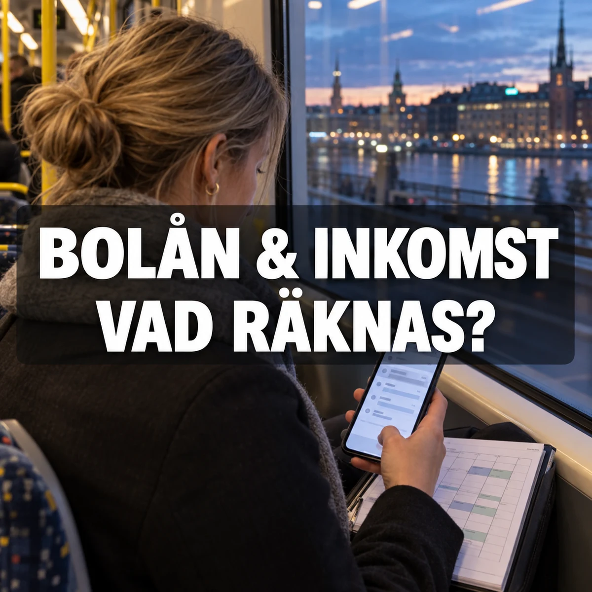 En ung kvinna kontrollerar en löneöversikt på mobilen med ett arbetsschema i knät under en spårvagnsresa i skymningen, med texten Bolån & inkomst – Vad räknas?