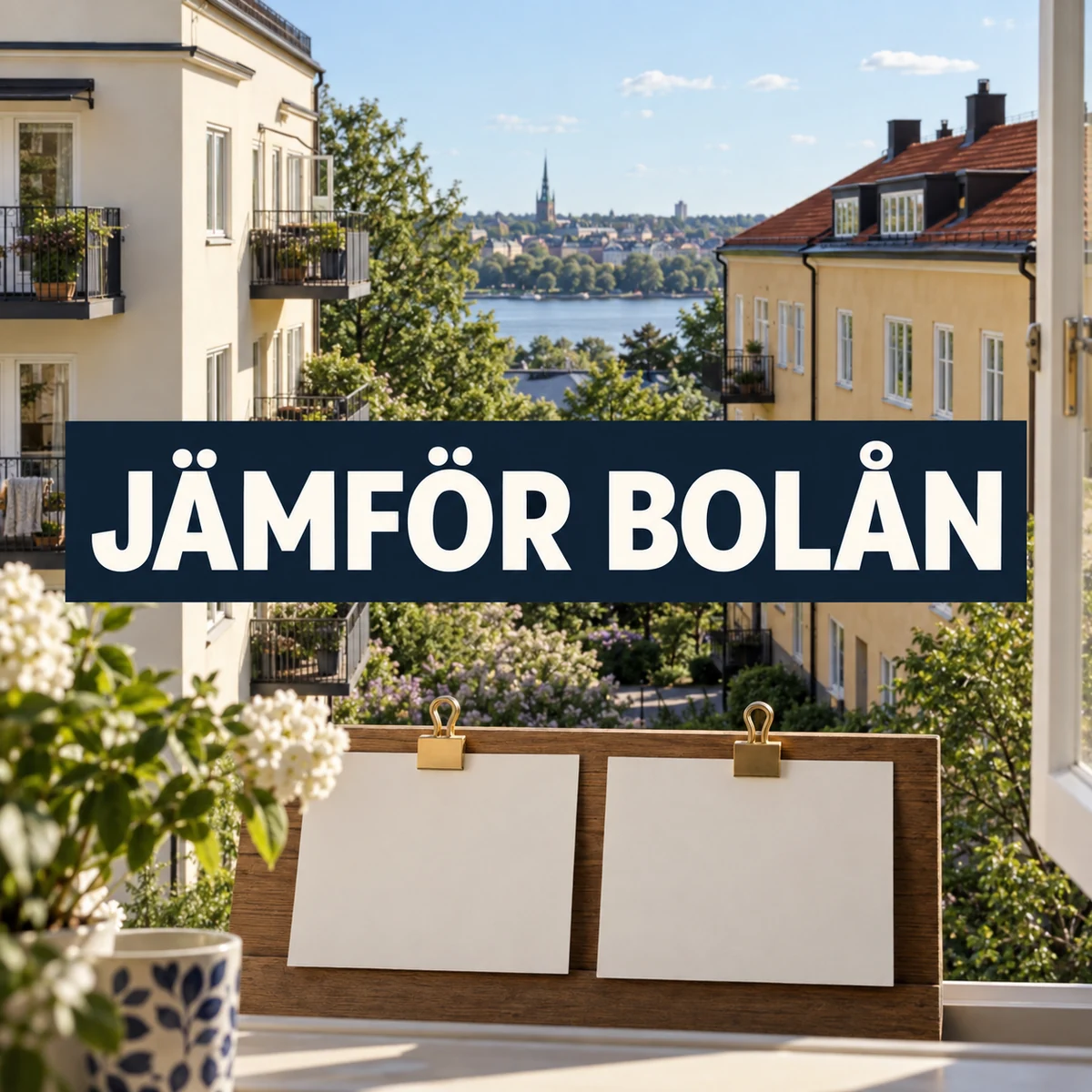 Två svenska bostadshus i dagsljus och två tomma offertkort sida vid sida, med texten Jämför bolån
