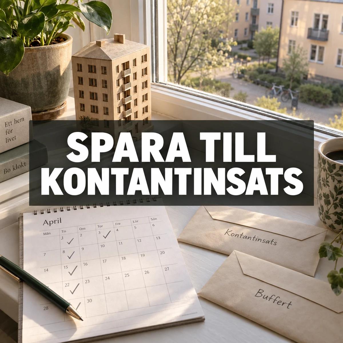 En trämodell av en bostad, en sparmarkering i en kalender och separata kuvert för kontantinsats och buffert på en svensk lägenhets fönsterbräda, med texten Spara till kontantinsats