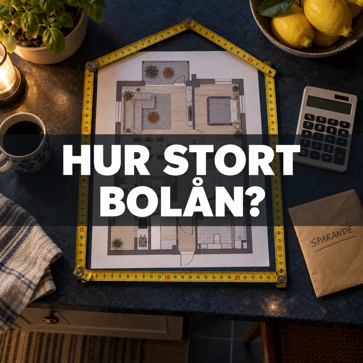 En planritning ramas in av en tumstock på en mörk köksbänk, med miniräknare och sparkuvert samt texten Hur stort bolån?