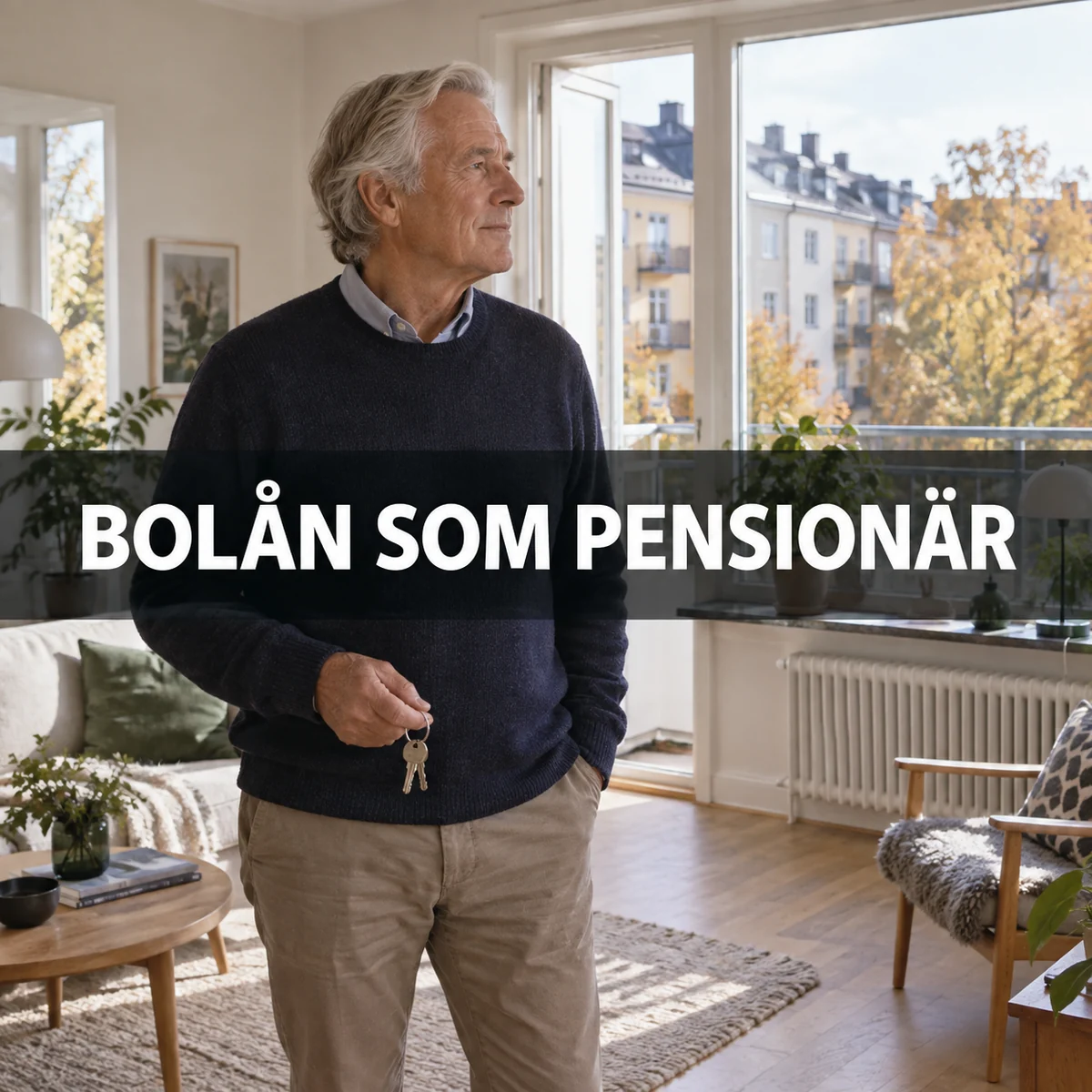 En äldre man med nycklar ser ut över en ljus svensk lägenhet med texten Bolån som pensionär