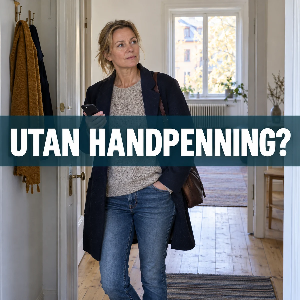 En bostadsköpare står i hallen till en svensk lägenhet med mobilen i handen, med texten Utan handpenning?