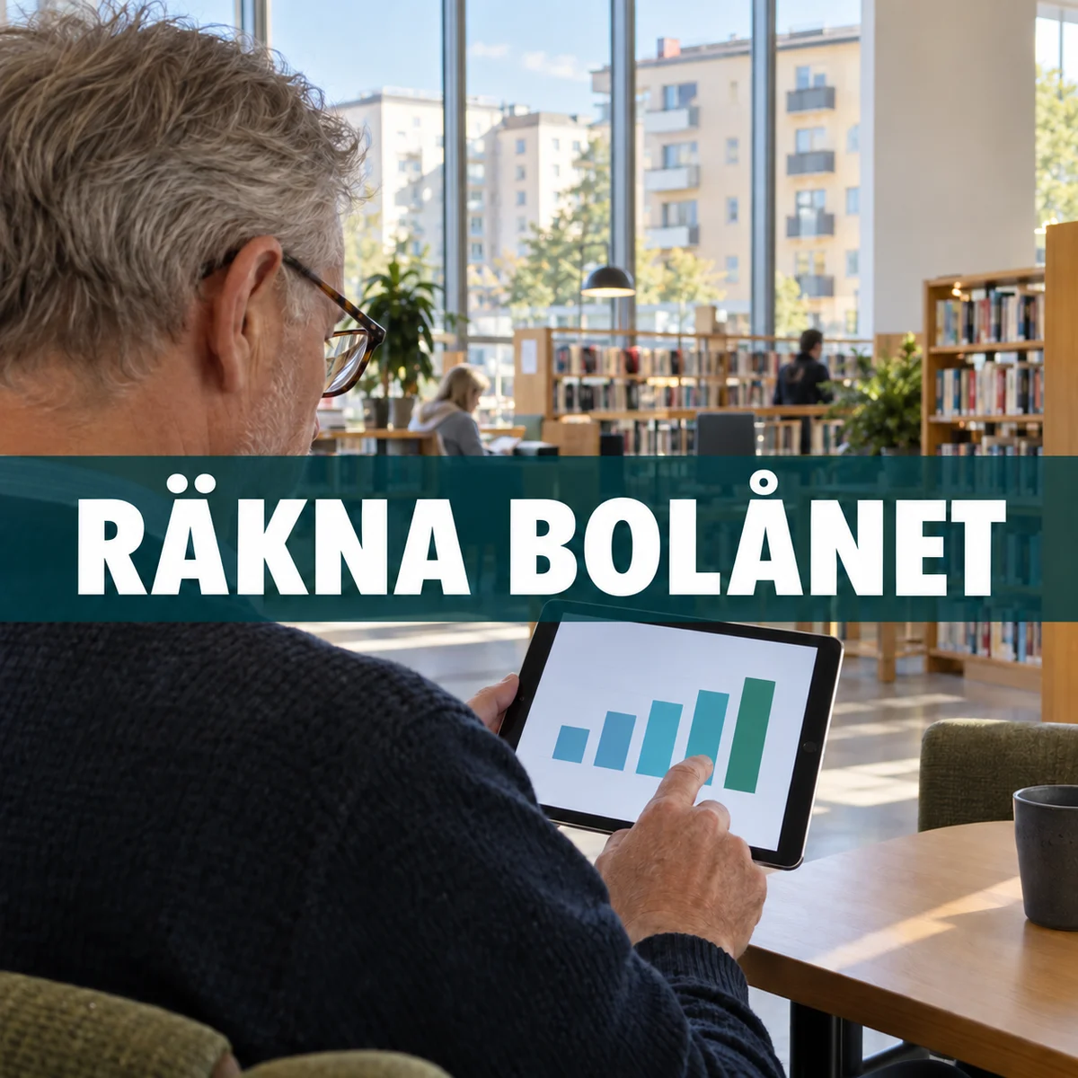 Äldre svensk man i ett bibliotek granskar ett stapeldiagram för bolånekostnad på en surfplatta, med texten Räkna bolånet