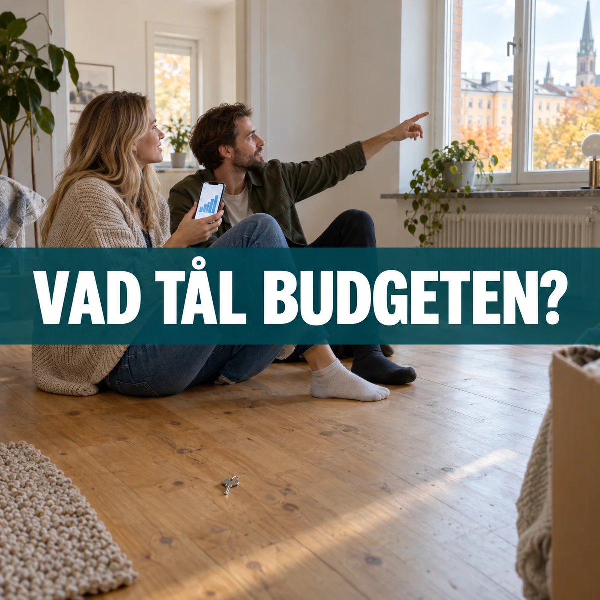 Ungt par i en svensk lägenhet granskar en enkel bolånekostnad i mobilen, med texten Vad tål budgeten?