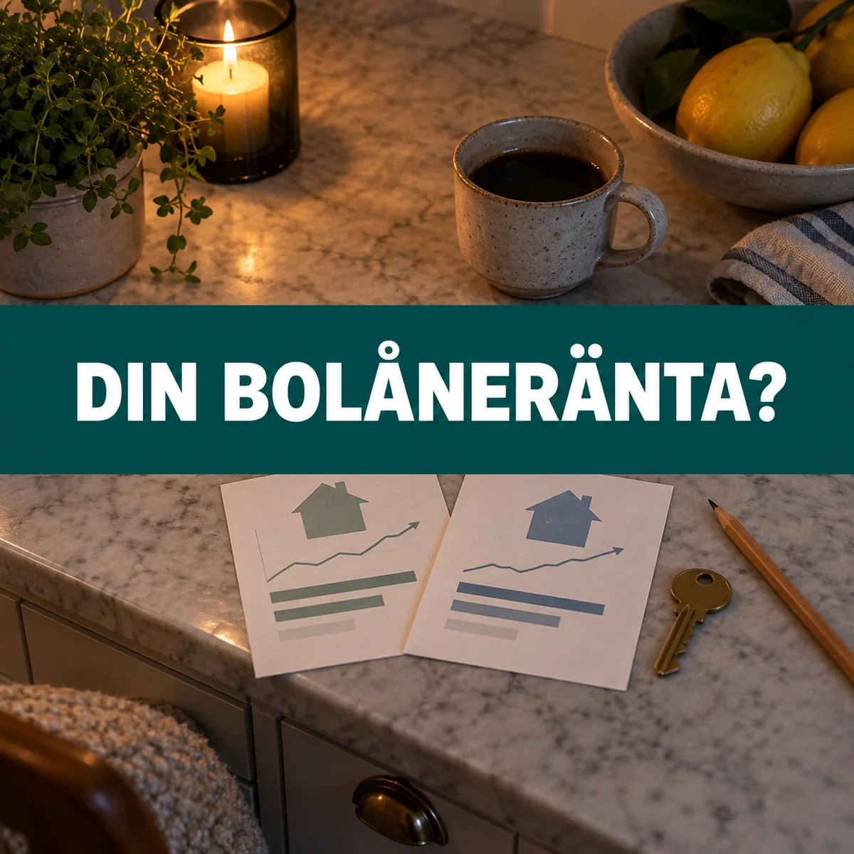Två neutrala bolåneöversikter, en husnyckel och en penna på en svensk köksbänk med texten Din bolåneränta?