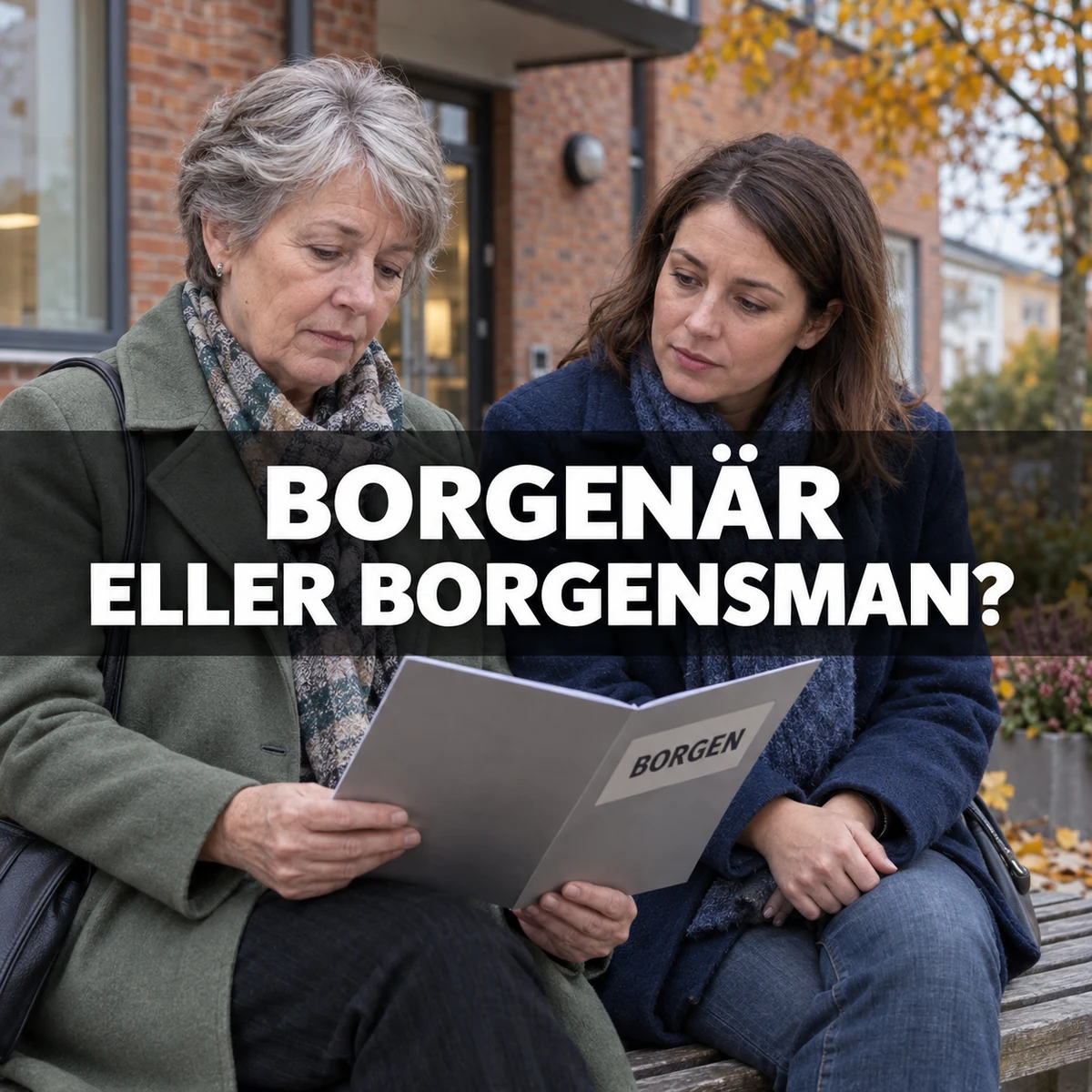 En äldre och en yngre kvinna granskar en mapp märkt Borgen på en bänk utanför ett svenskt tegelhus, med texten Borgenär eller borgensman?