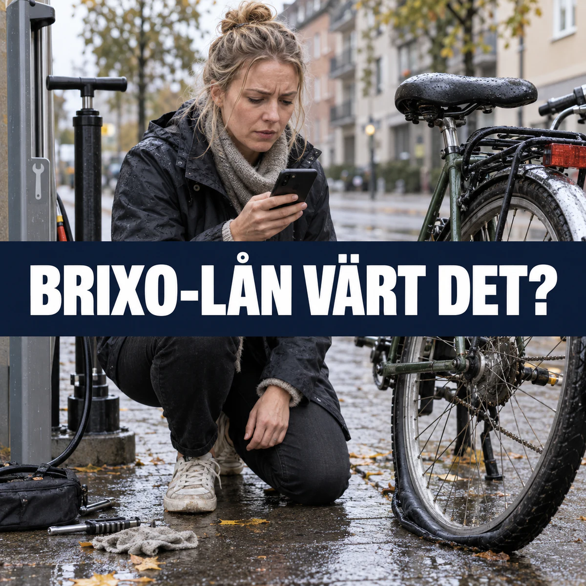 Svensk kvinna med punkterad cykel jämför en oväntad kostnad i regn med texten Brixo-lån värt det?
