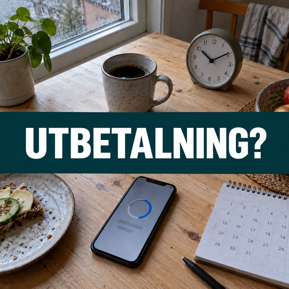 Mobil med en anonym överföringsstatus bredvid klocka och kalender på ett svenskt köksbord en regnig morgon, med texten Utbetalning?