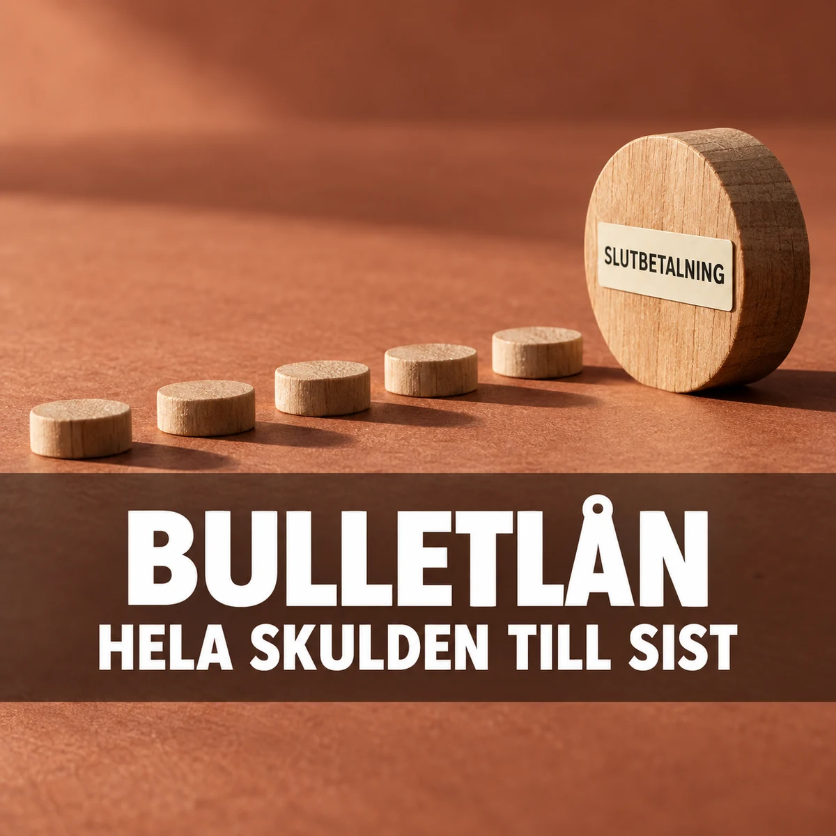Små träskivor följs av en stor träskiva märkt Slutbetalning på terrakottafärgad yta, med texten Bulletlån – hela skulden till sist