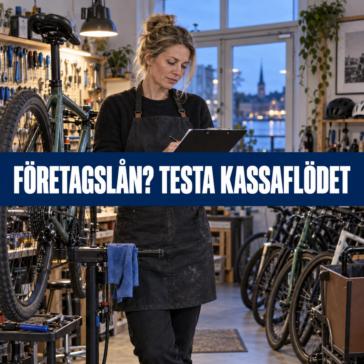 Svensk cykelverkstadsägare granskar en investeringsplan med texten Företagslån? Testa kassaflödet