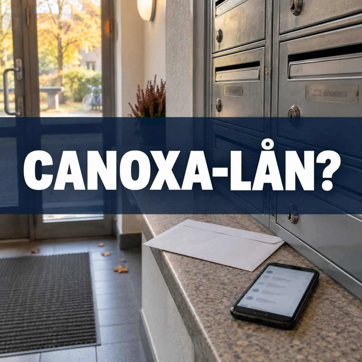 Brev och mobil vid postboxar i ett svenskt trapphus med frågan Canoxa-lån?