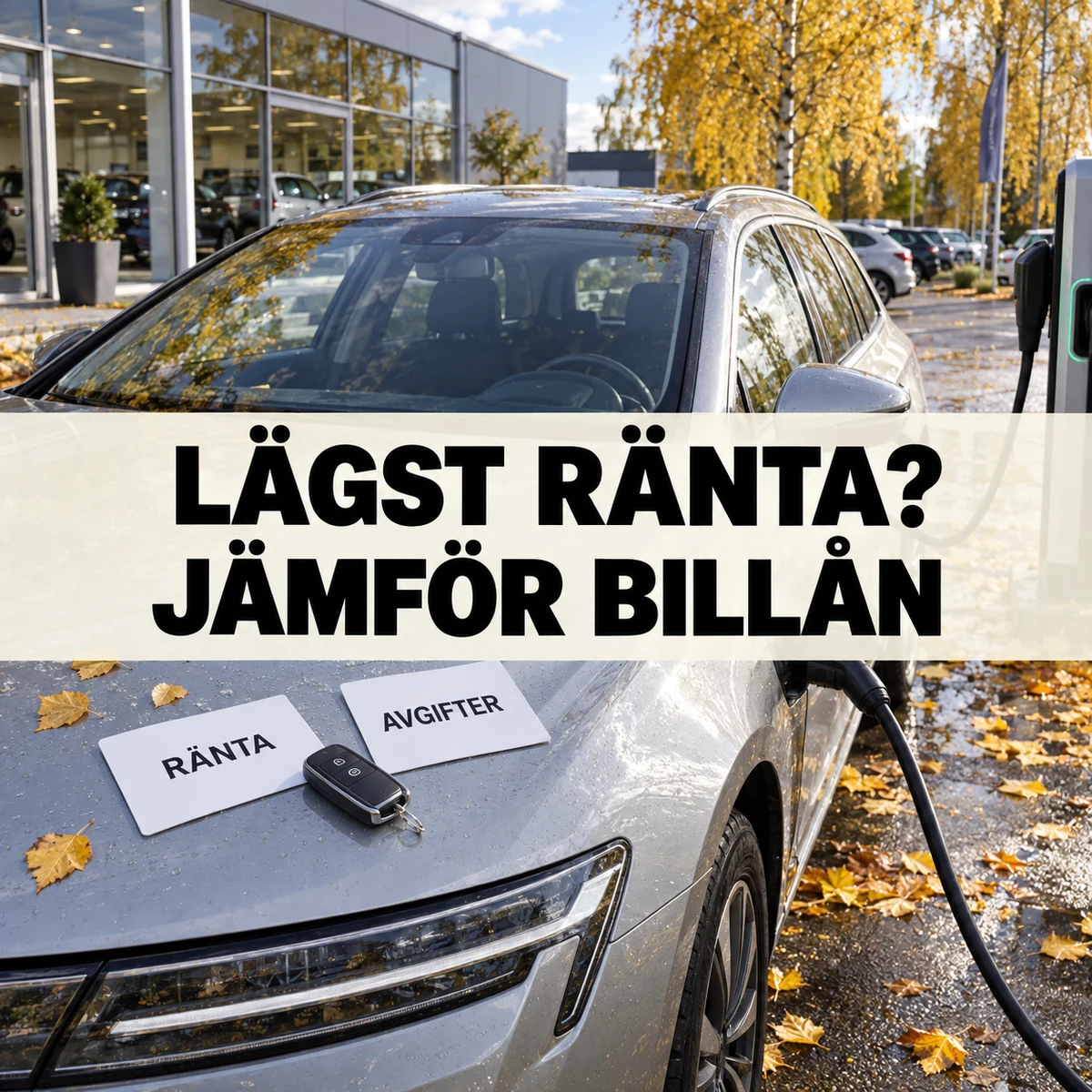 En silverfärgad elbil vid en svensk bilhall med laddkabel, bilnyckel och kort märkta Ränta och Avgifter, med texten Lägst ränta? Jämför billån