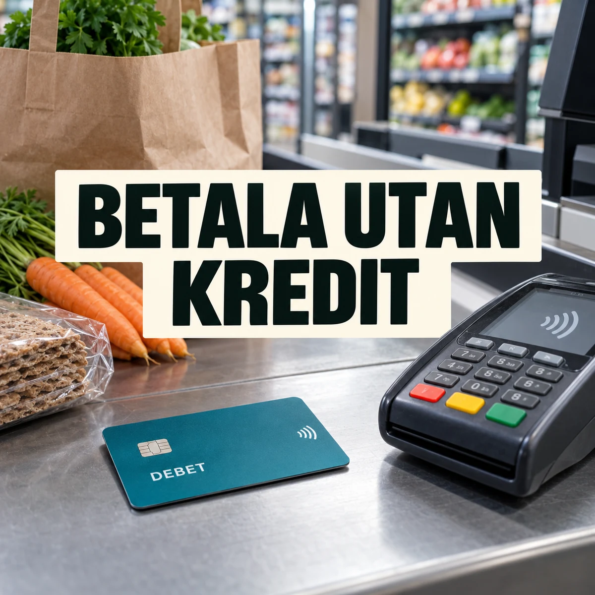 Ett omärkt debetkort och en kortterminal vid en svensk matbutiks kassa med morötter och knäckebröd, under den stora texten Betala utan kredit