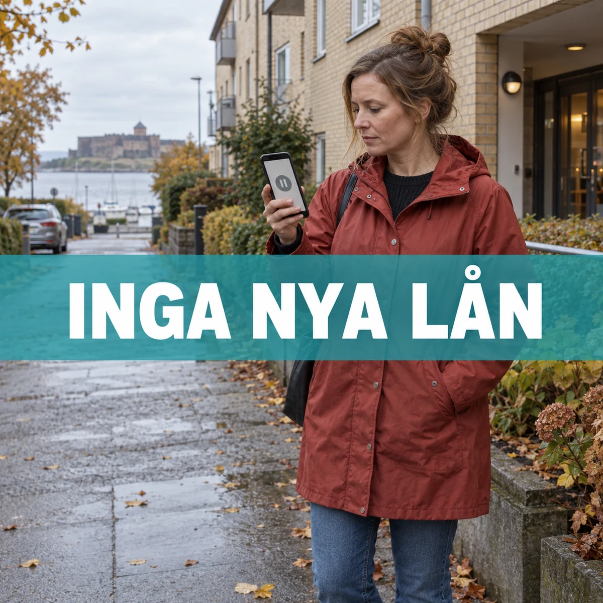 Kvinna i röd regnjacka på en svensk kustgata ser en paussymbol i sin mobil, med texten Inga nya lån