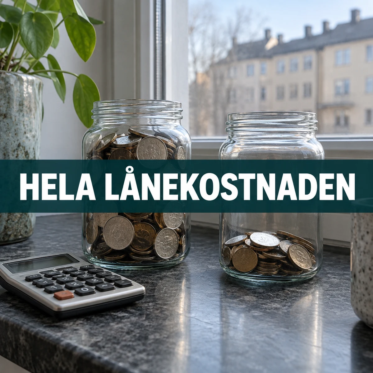 Två glasburkar med olika många svenska kronor och en miniräknare på en fönsterbräda, med texten Hela lånekostnaden