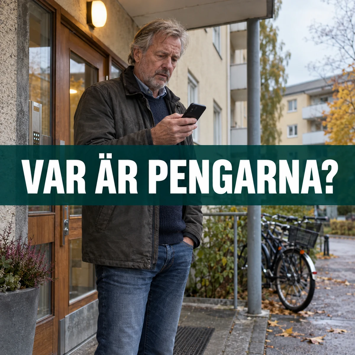 Äldre man vid entrén till ett svenskt flerbostadshus kontrollerar sin mobil, med texten Var är pengarna?