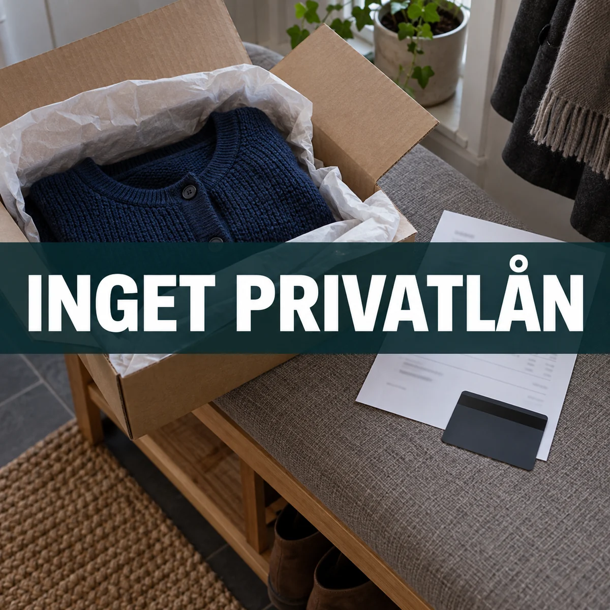 Öppet paket med blå kofta, anonym köpfaktura och betalkort med texten Inget privatlån