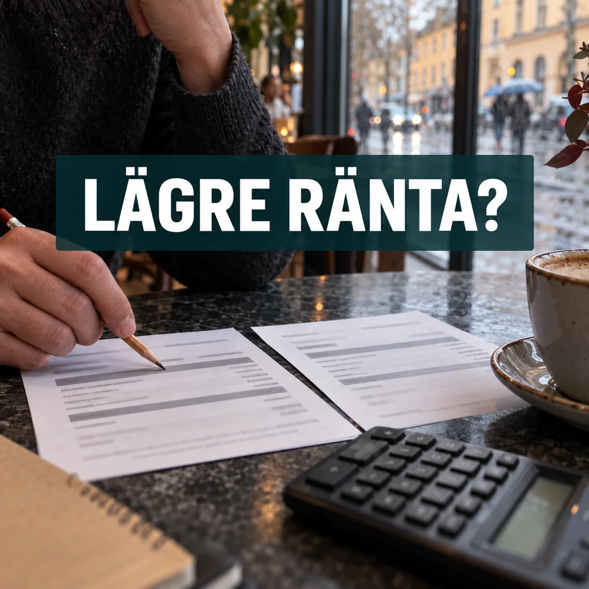 Hand med penna jämför två anonyma låneerbjudanden på ett kafé under texten Lägre ränta?