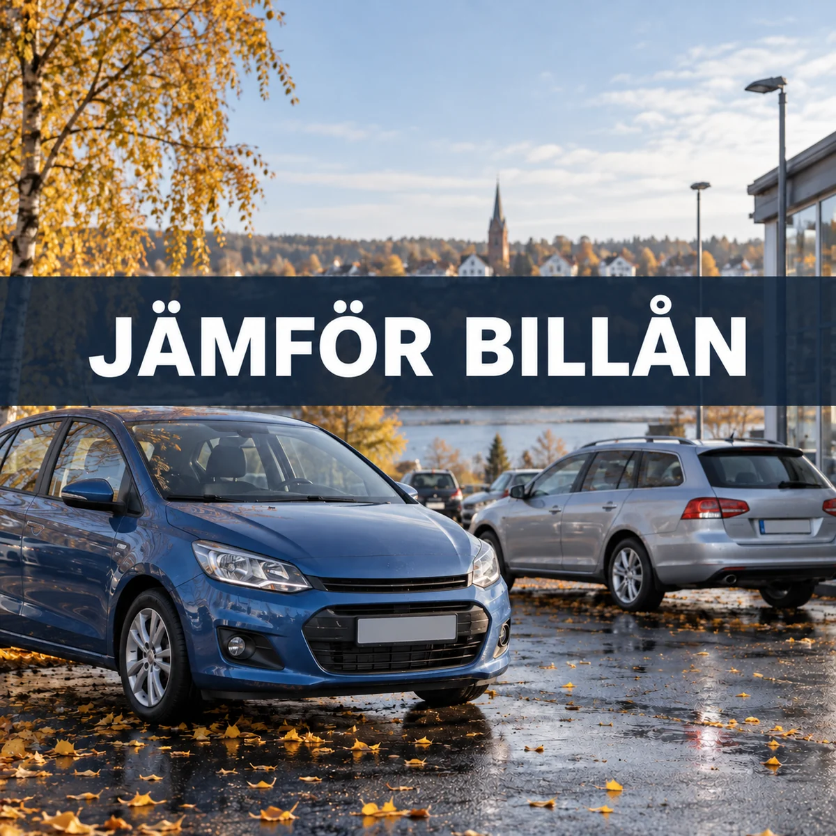Två bilar på en svensk bilparkering under texten Jämför billån