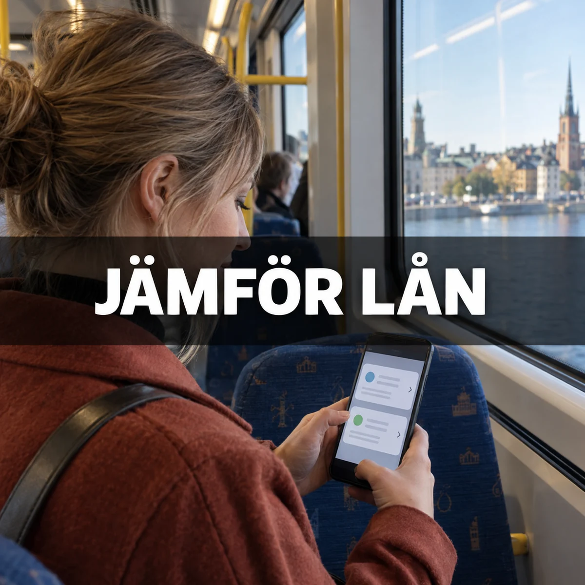 Kvinna på ett svenskt pendeltåg jämför två lånealternativ i mobilen under texten Jämför lån