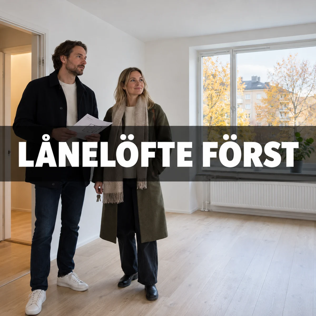 Par på visning i en svensk lägenhet med planritning och nycklar under texten Lånelöfte först