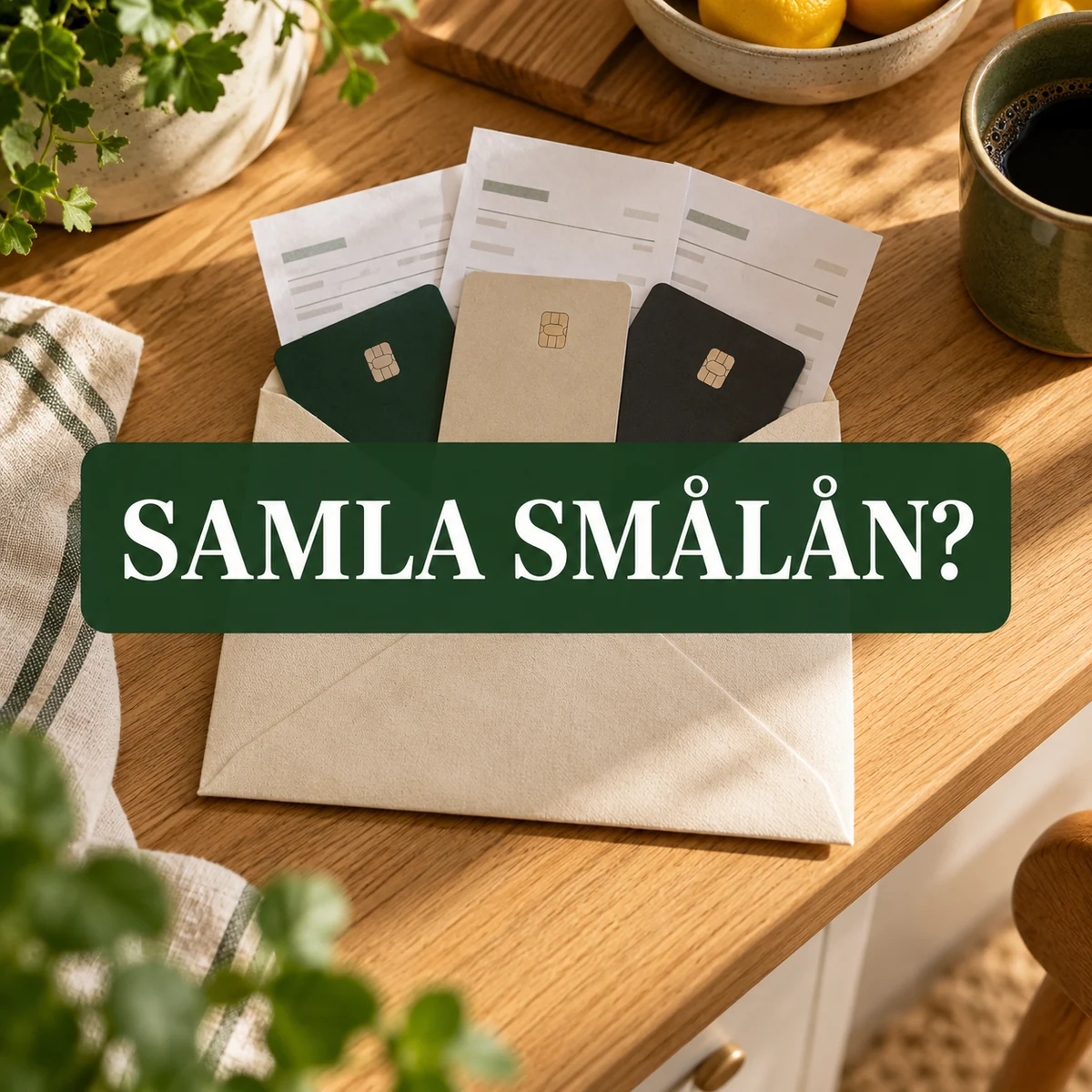Tre omärkta betalkort och betalningsavier samlade i ett kuvert på ett ljust svenskt köksbord, med texten Samla smålån?