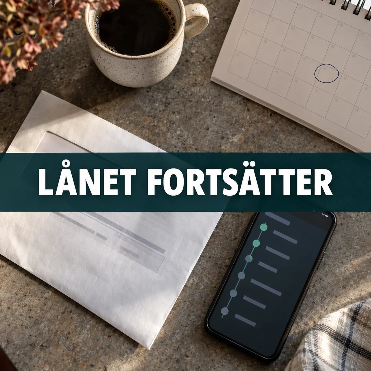 Låneavi, mobil och kalender med markerad betalningsdag på ett svenskt köksbord och texten Lånet fortsätter