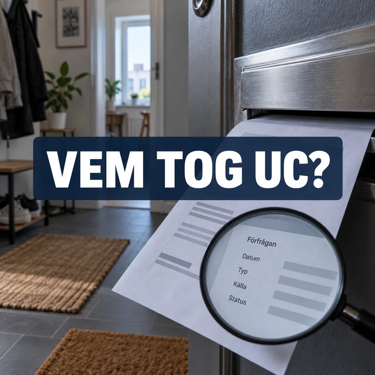 En anonymiserad upplysningskopia vid ett svenskt brevinkast med förstoringsglas och texten Vem tog UC?