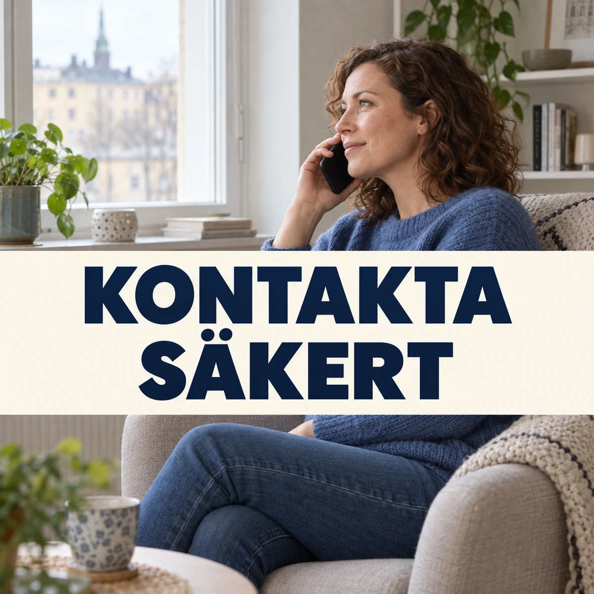 Kvinna i blå tröja sitter i en ljus fåtölj vid ett fönster och ringer med mobilen under texten Kontakta säkert