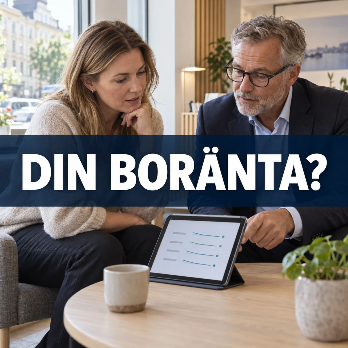 Två personer jämför bolåneräntor på en surfplatta i ett ljust svenskt rådgivningsrum, med texten Din boränta?