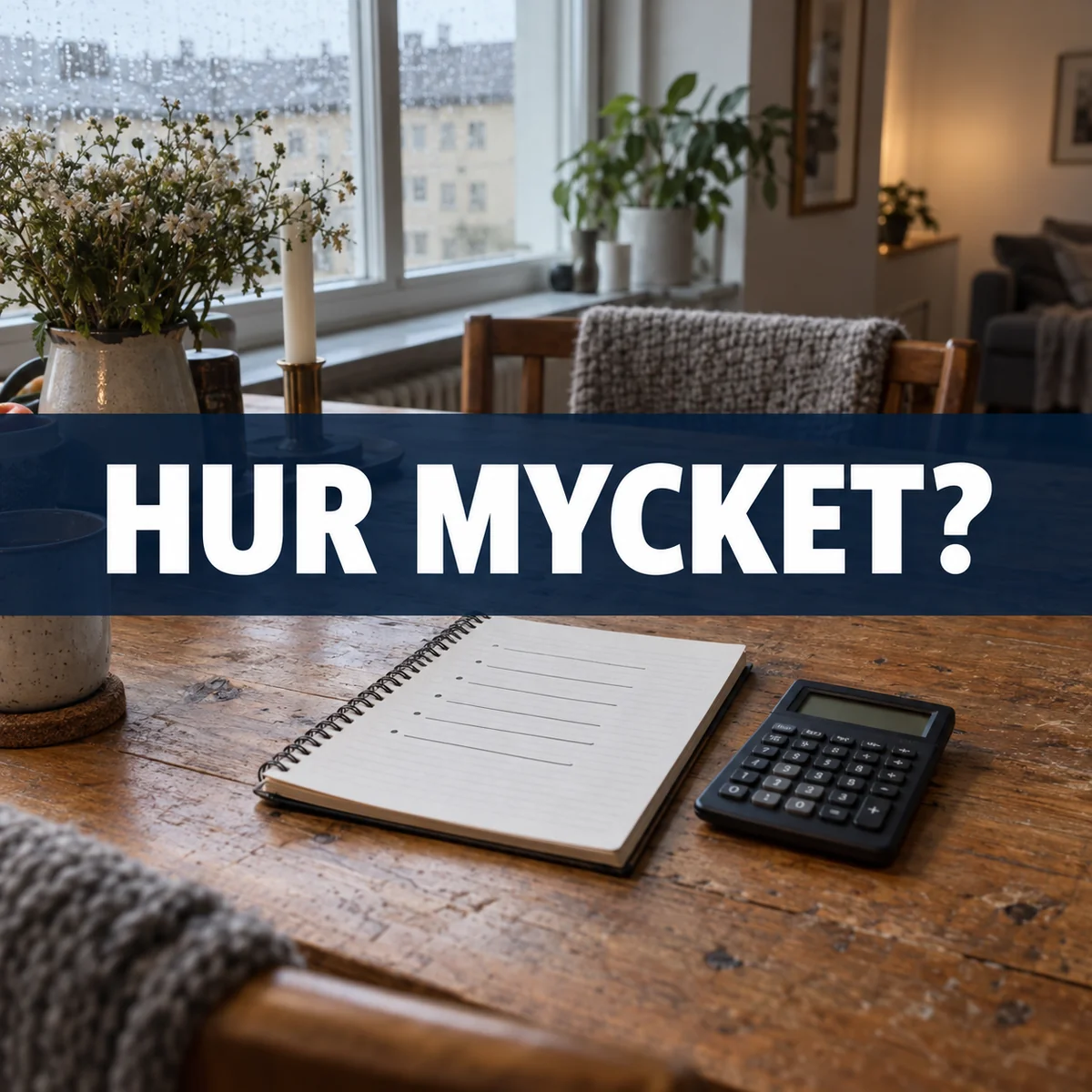 Anteckningsbok och miniräknare på ett köksbord i en svensk lägenhet med texten Hur mycket?